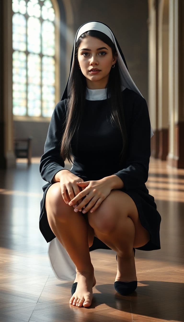 AI generated: Hyper realistic full body view of beautiful 14yo nun, indigen Face, long legs, Long Black Hair, very...