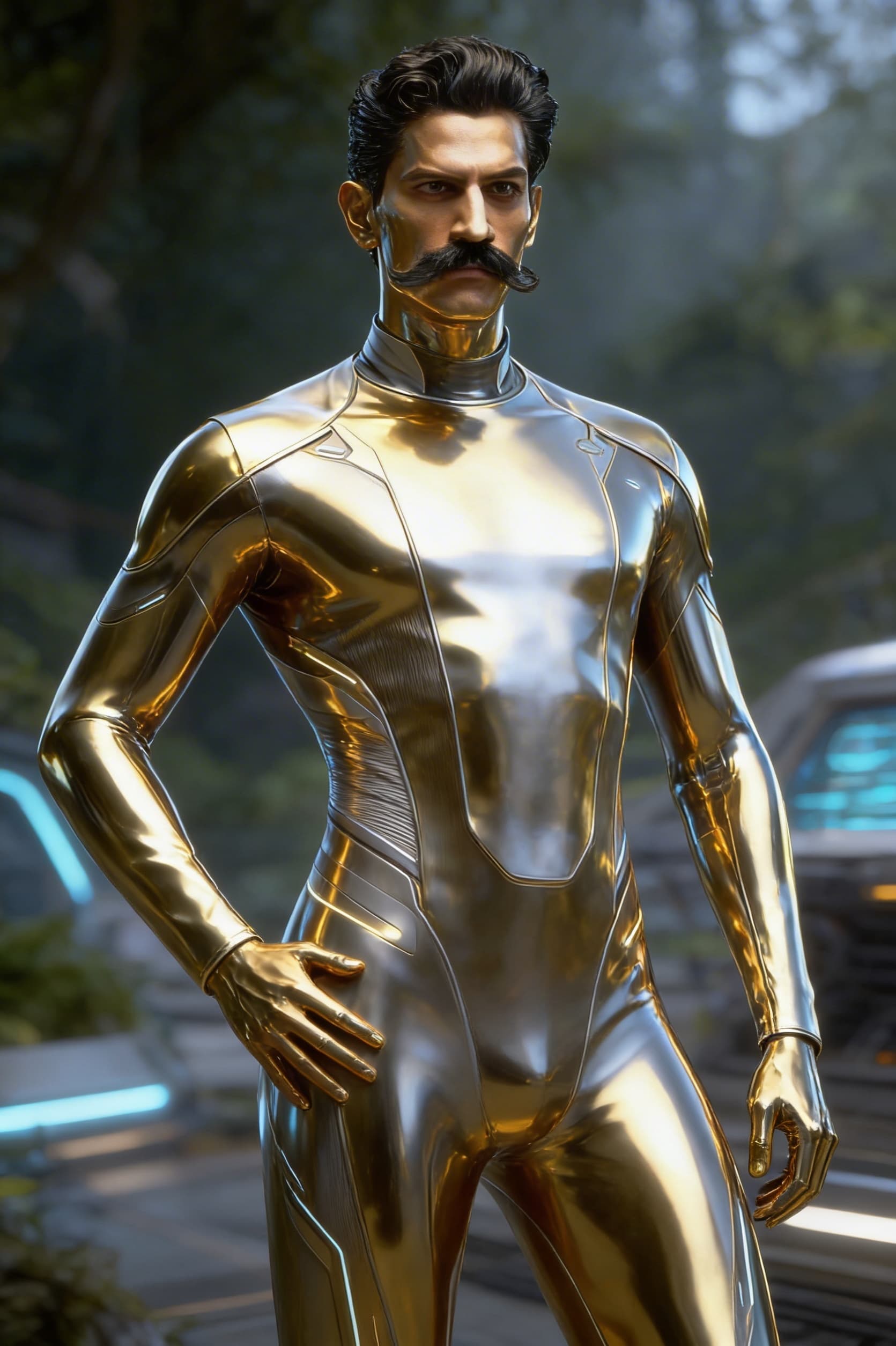 AI generated: Be inspired and create from reference. a golden-silver being, powerful, loving. From flesh to sleek ...