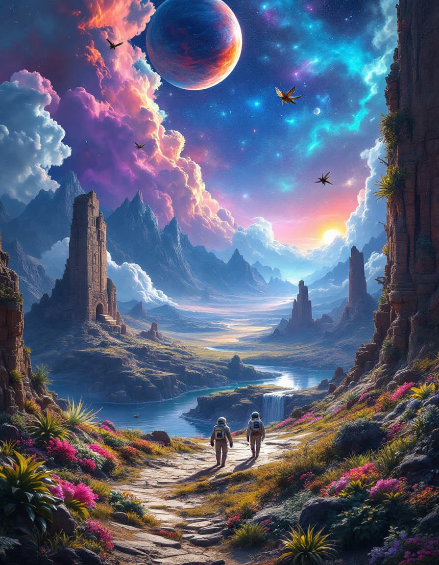 AI generated: extrem fantastic view over an alien landscape on anaother planet ,far away in a distant galaxy,very ...