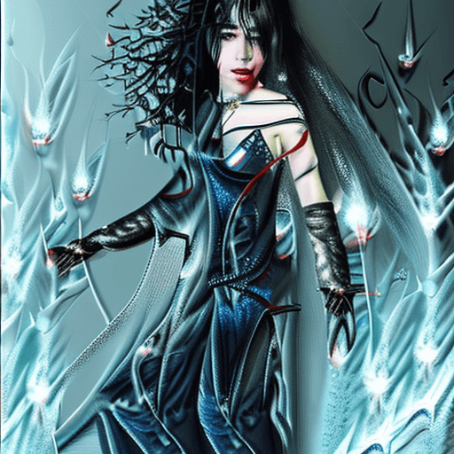 AI generated: swarthy, hyper realistic, female, olive skin, wavy blue-black hair, blue eyes like cracked ice, blac...