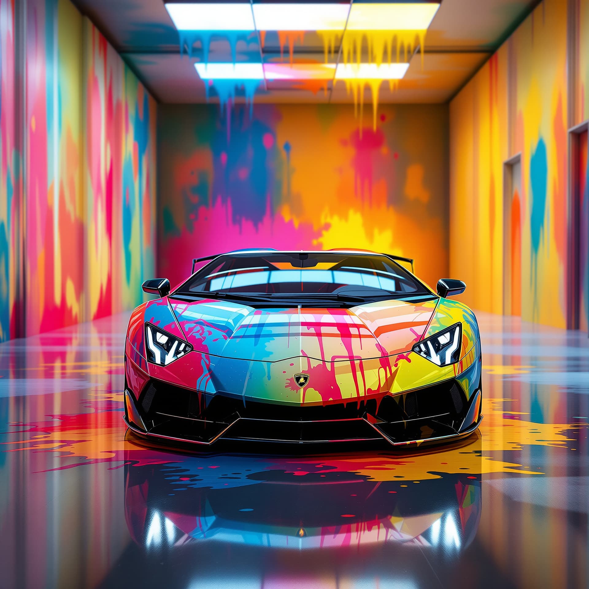 AI generated: front view of a super glossy shiny  hypercar lamborghini with a really big spoiler on the back, the ...