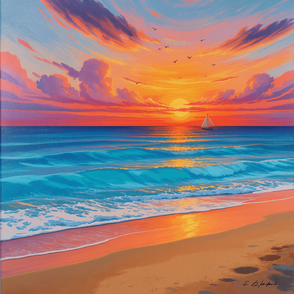 AI generated: dessin animée  et effet peinture au pinceaux acrylique bord d'une plage. En arrière-plan un voilier ...