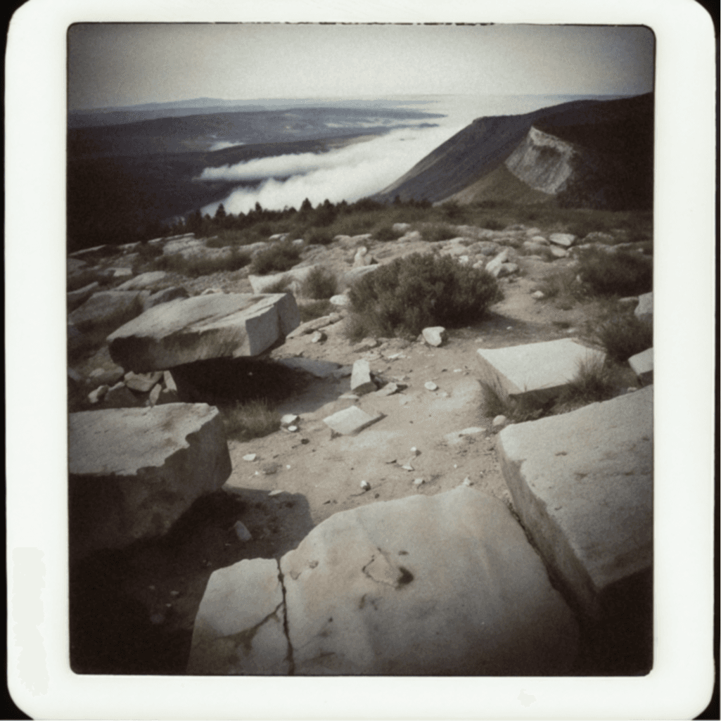 AI generated: analog photography, eye-level view, an abandoned quarry outside the city, numerous scattered rock fr...