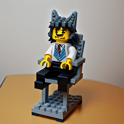AI generated: a  wolf sit on classroomchair all parts will be created by lego full body