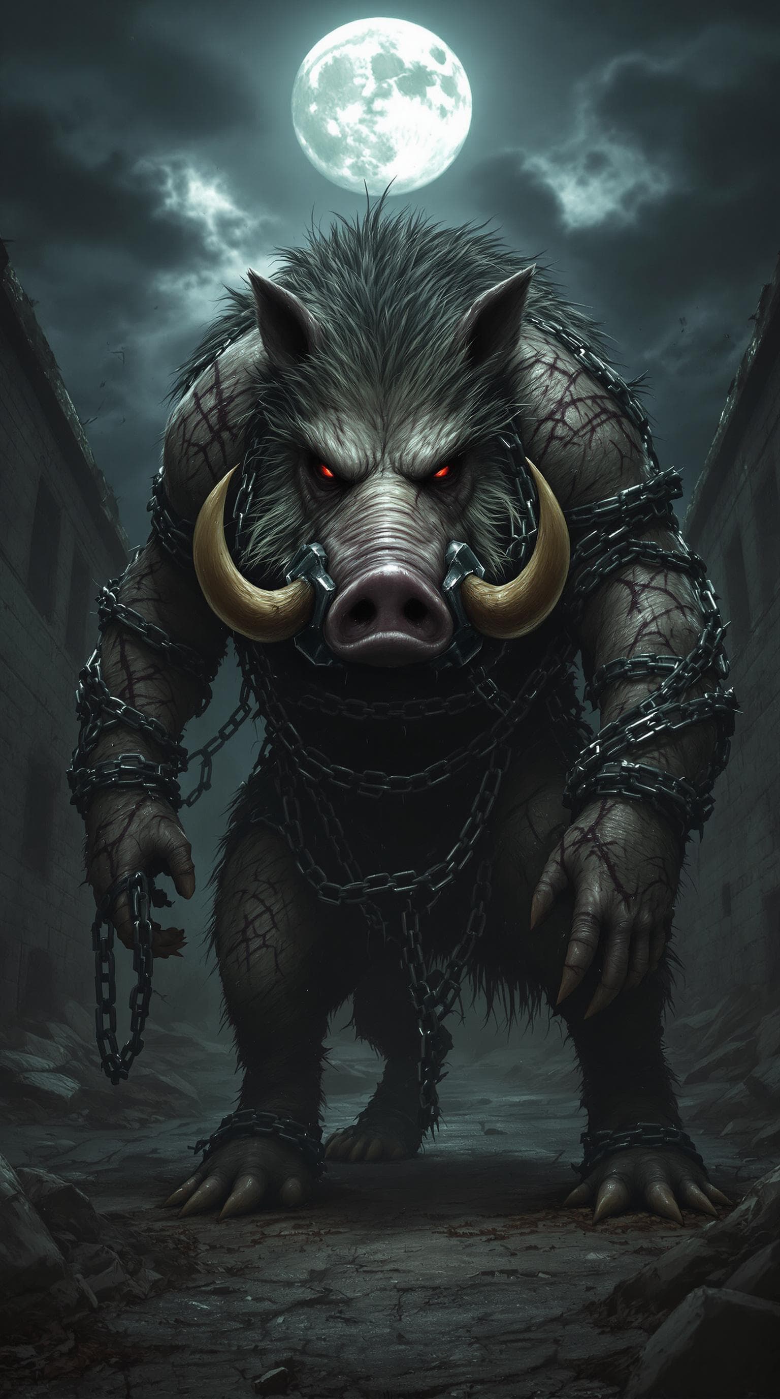 AI generated: A brutal, mutated boar with massive tusks and a metal muzzle, covered in chains and fresh scars, sta...