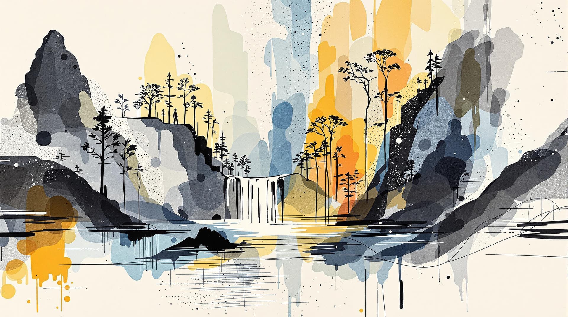 AI generated:  minimalisme line art of  paul klee style waterfall landscape and touches of fictive fantasy cool co...