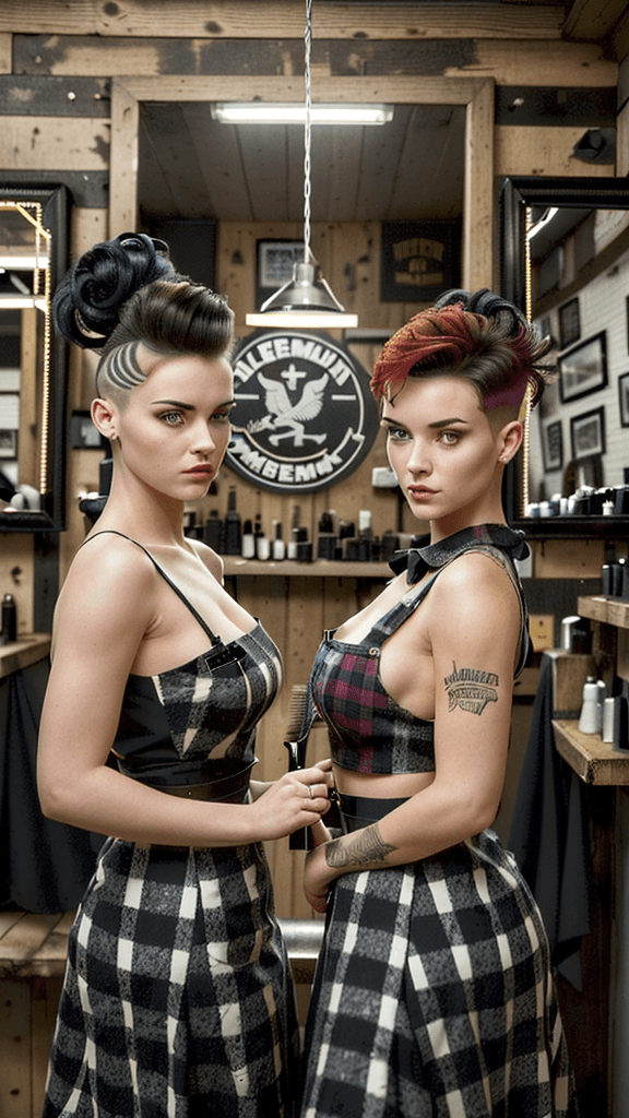 AI generated: Two highly attractive women who a barbers, they are standing on a barbershop. Bothe are wearing blac...