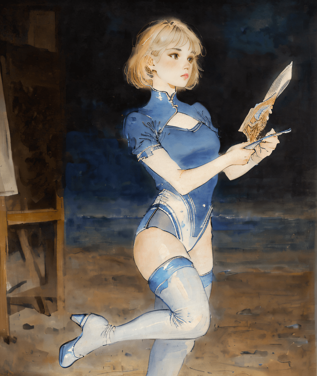 AI generated: painting of (very blondie:1.1) girl blue and white outfit doing gymnastics, depth of field. 4K, HDR....