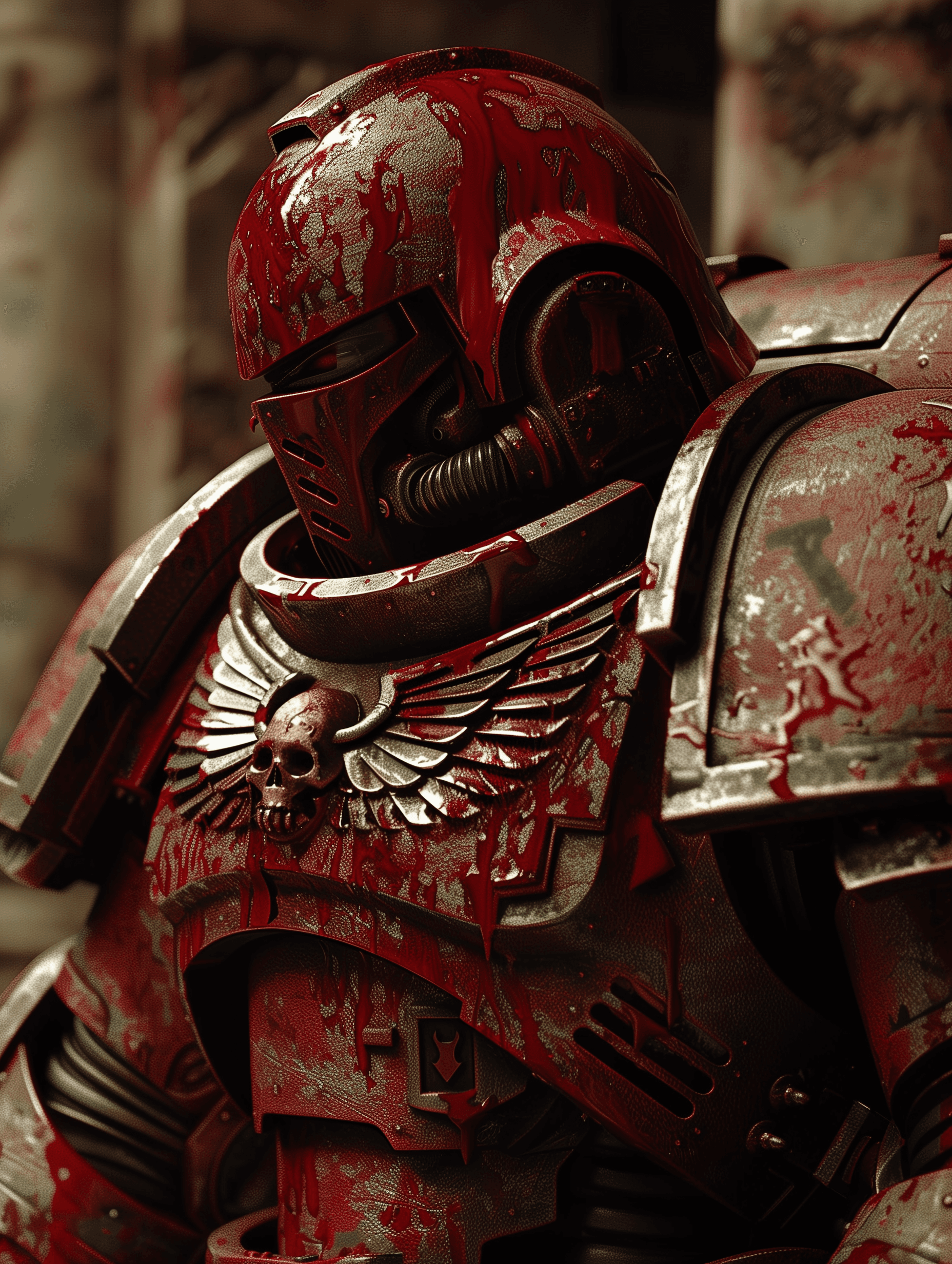 AI generated: a warhammer space marine covered in blood