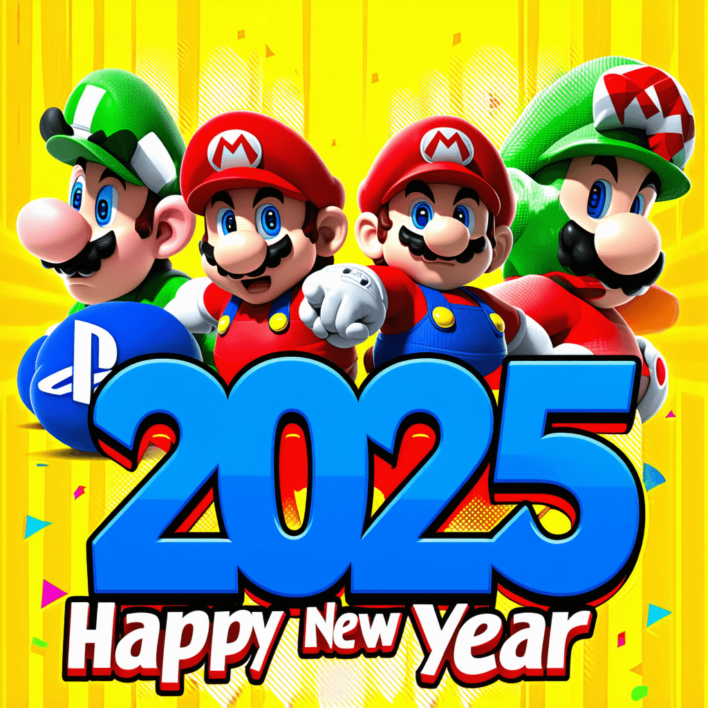 AI generated: vibrant happy new year 2025 artwork with video game characters from nintendo and playstation mdjrny-...