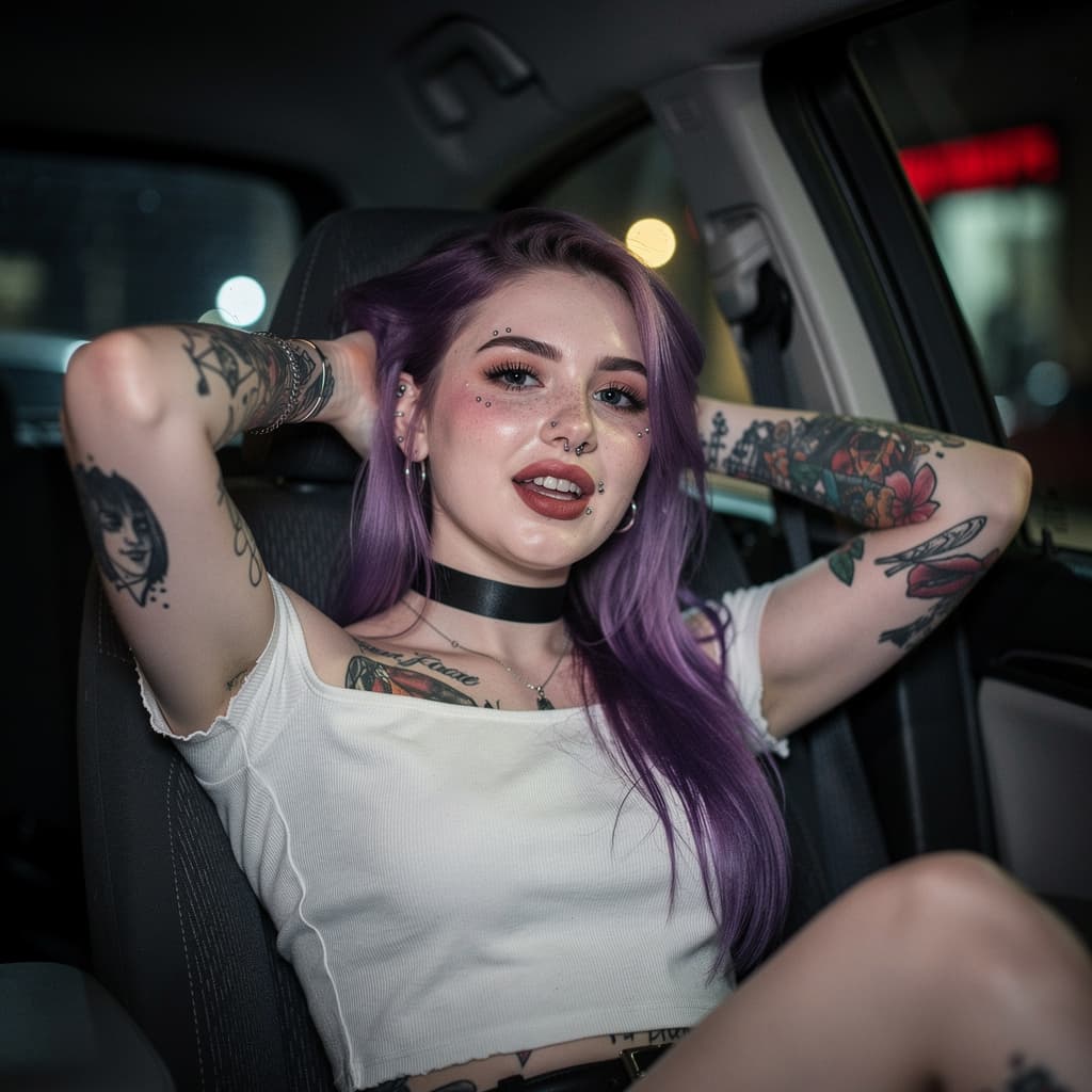 AI generated: POV, girl gets anal fucked on the backseat of a car, alternative, emo, piercings, tattoos, (looking ...