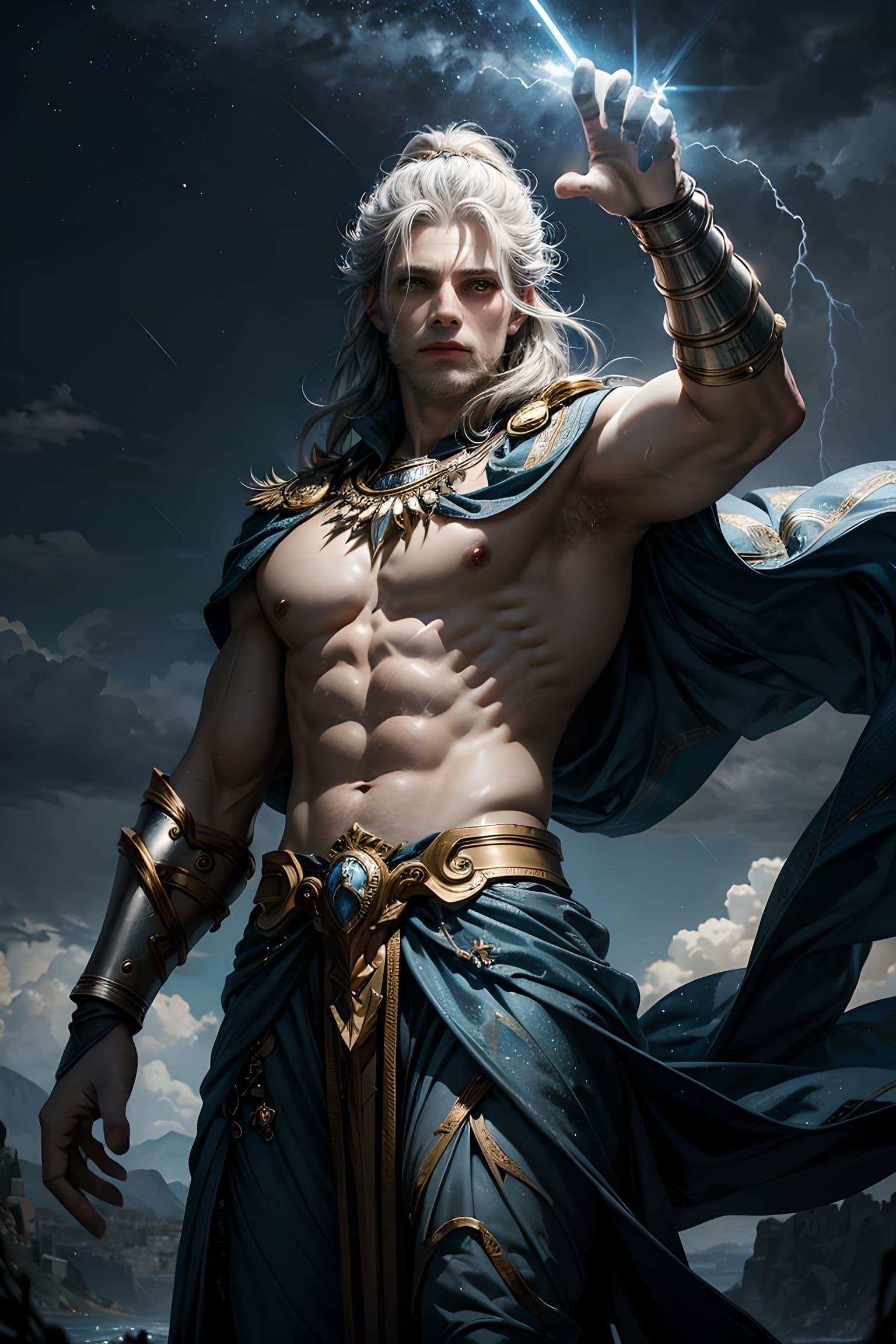 AI generated: God of thunder(greek roman mythology:Zeus), supreme ruler of Olympus and lord of the sky,Armor that ...