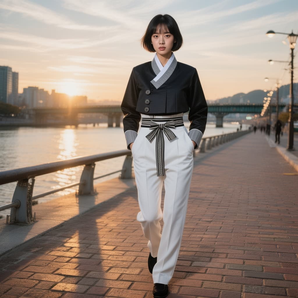 AI generated: ultra-realistic view photo of a Korean female model in 2026 Seoul Korea. Long shadows at the sunset ...