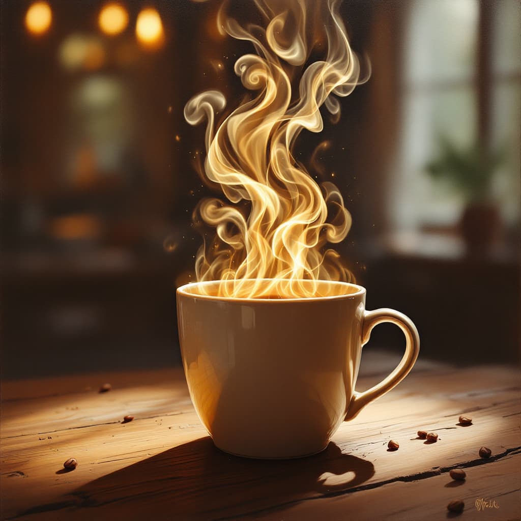 AI generated: Create an award-winning oil painting of a piping hot coffee mug, where the rising steam forms the me...