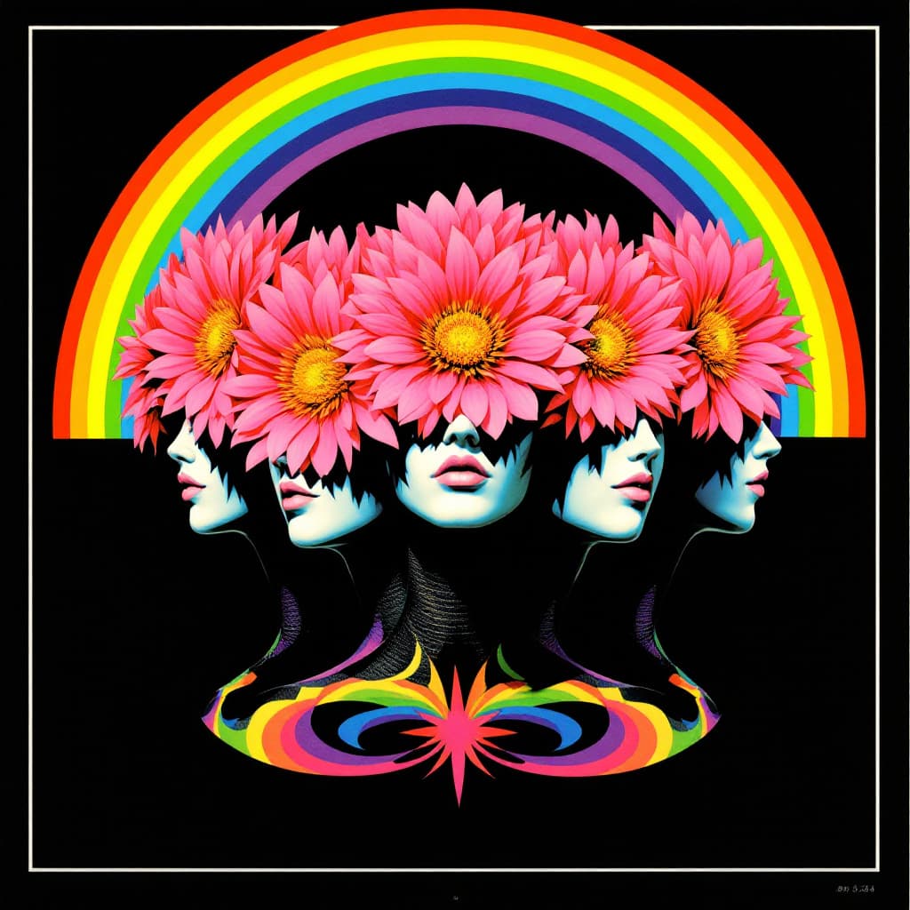 AI generated: 70s era greeting card art, pink chrysanthemum flowers in the center of each head, rainbow, three hea...
