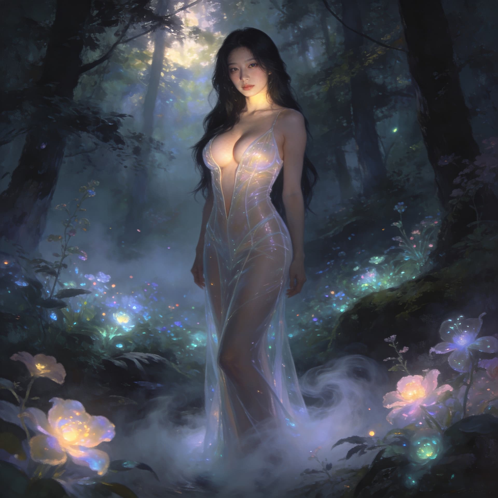 AI generated: Ethereal fantasy. Medium shot. stands in a misty forest, surrounded by bioluminescent flora. Her fac...