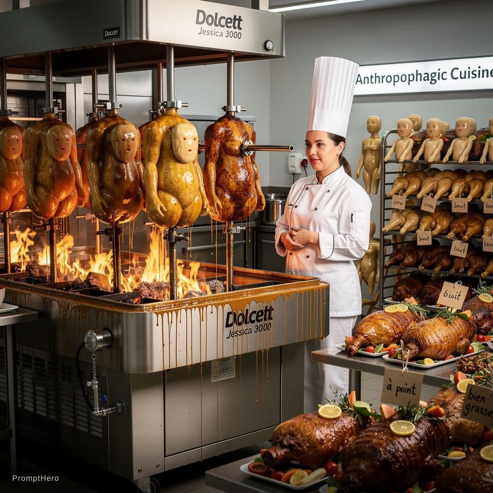 AI generated: woman spitroasted on a spit  , Commit cannibalism, rotisserie  appear on rotissoire ,  rotisserie  a...
