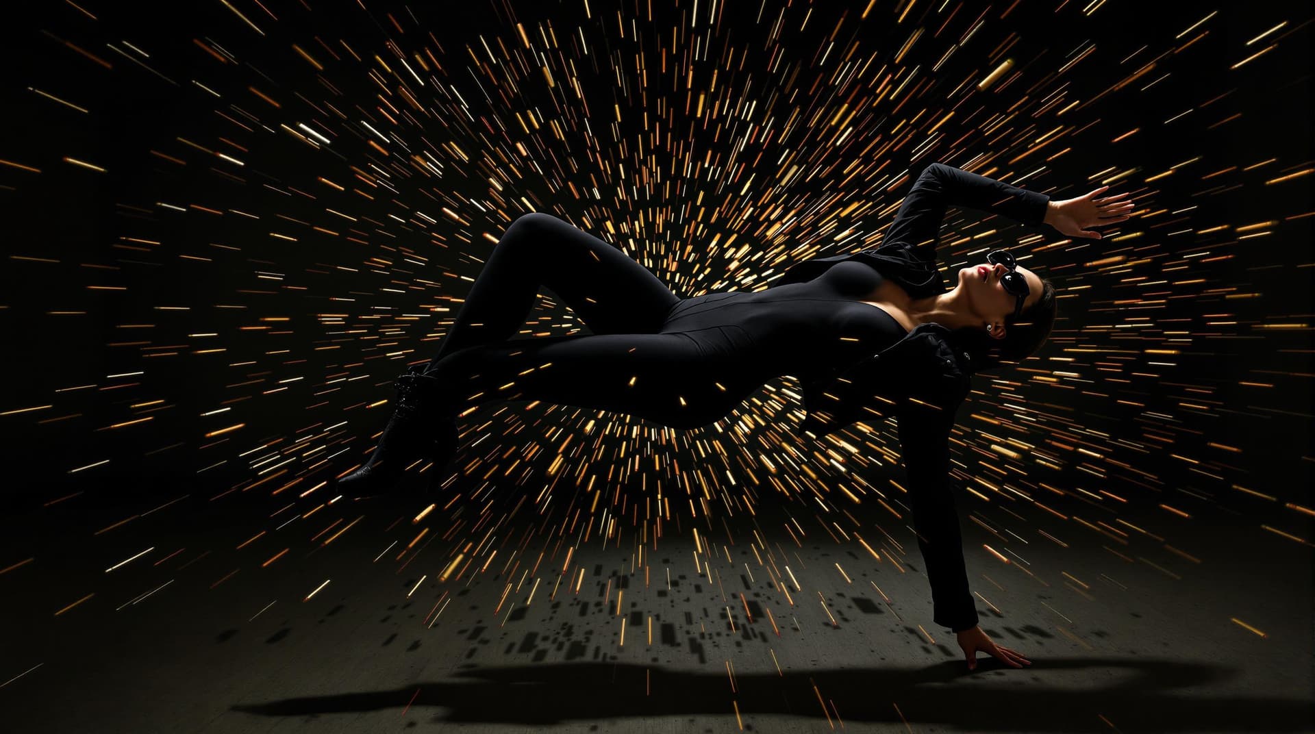 AI generated: a dynamic and dramatic scene with a Woman dressed in a black form fitting outfit that includes a sle...
