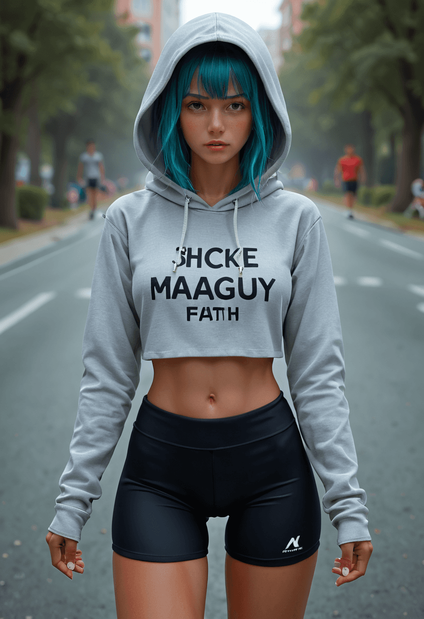 AI generated: Alien-themed Athletic woman with short spiky turquoise hair,crop hoodie,bike shorts,toned midriff,mo...