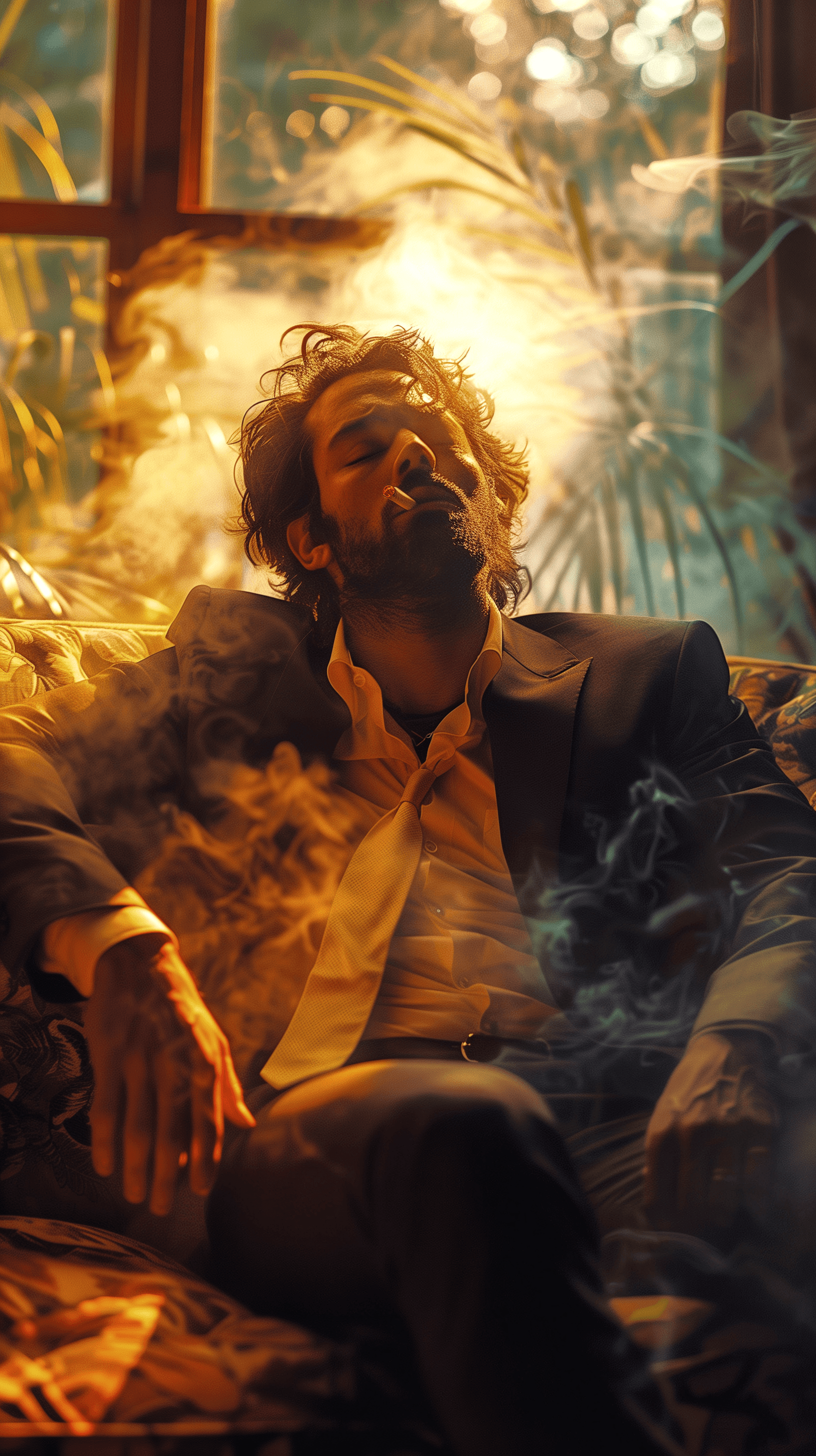 AI generated: photography, cover shoot, dimly lit room with a hazy atmosphere, capturing a professional male model...