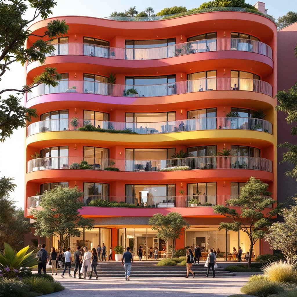 AI generated: award-wining apartments, 5 story, vibrant color, curved balconies, indirect sunlight, people moving ...