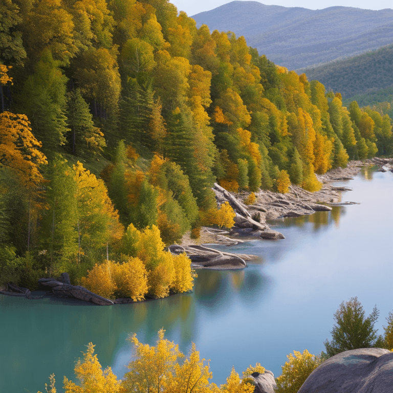 AI generated: photorealistic oil on canvas, 
hill, river, small trees,
beautiful setting, fall,
Foreground,
unreal...