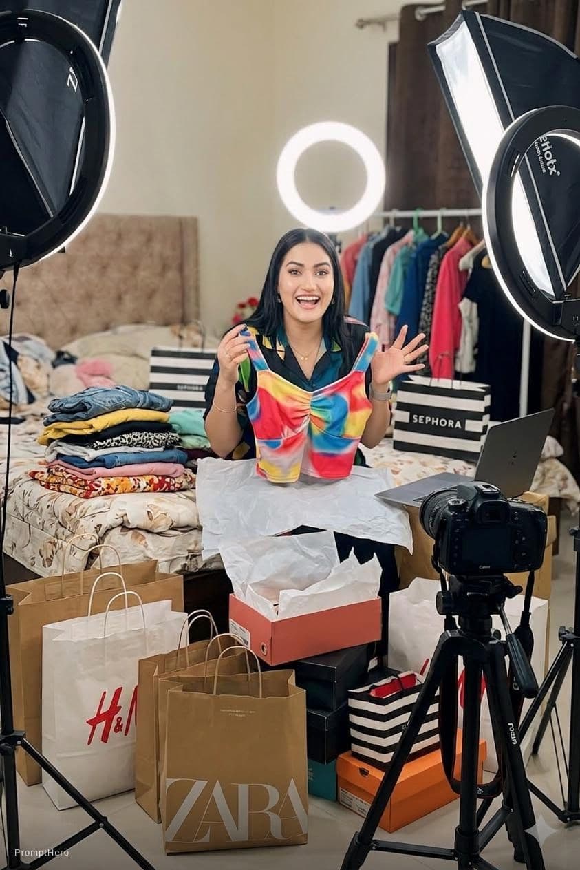AI generated: "21-year-old woman recording a fashion haul video at home, surrounded by shopping bags and stylish c...