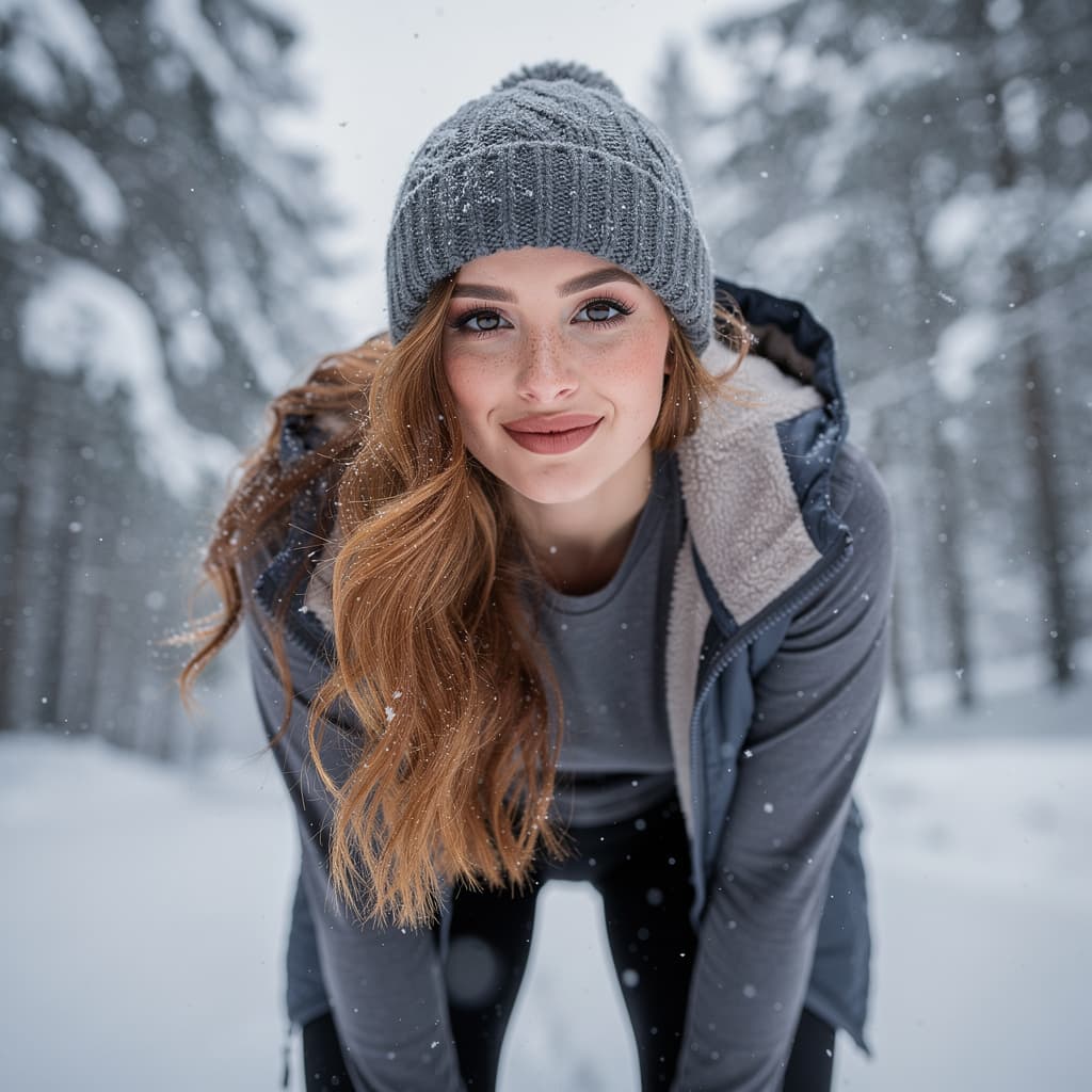AI generated: A woman stands in the midst of a winter wonderland, her long wavy auburn hair framing her face as sh...