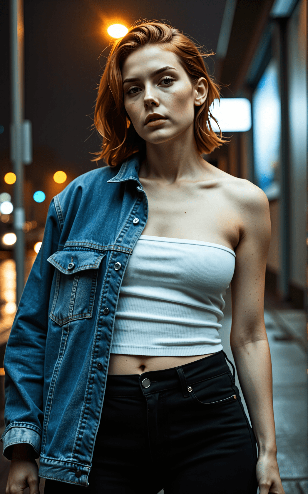 AI generated: Cinematic photorealistic boudoir infused urban documentary portrait of a curvy woman with pale freck...