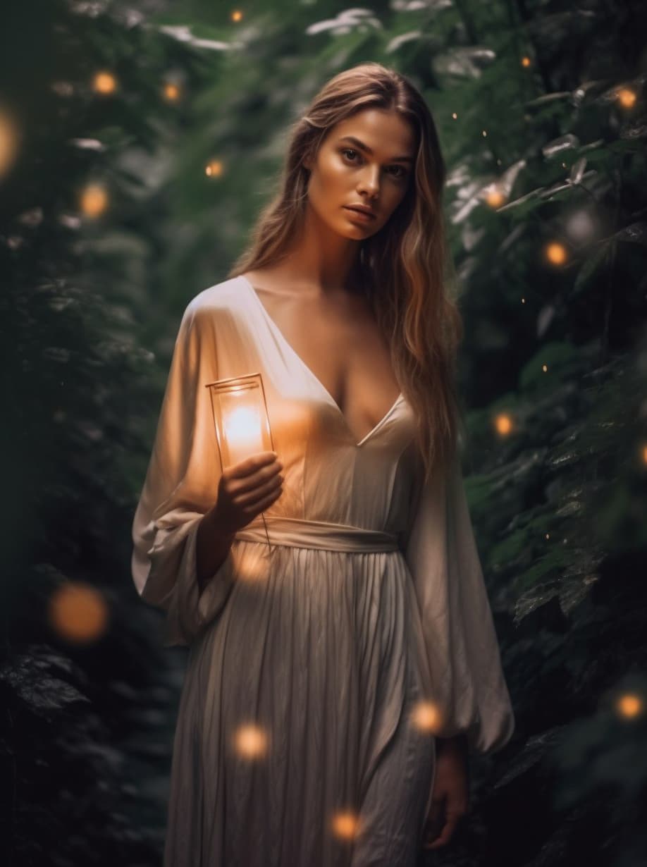 AI generated: Close up of a woman in a white dress posing for a picture, nina agdal, in a deep lush jungle at nigh...