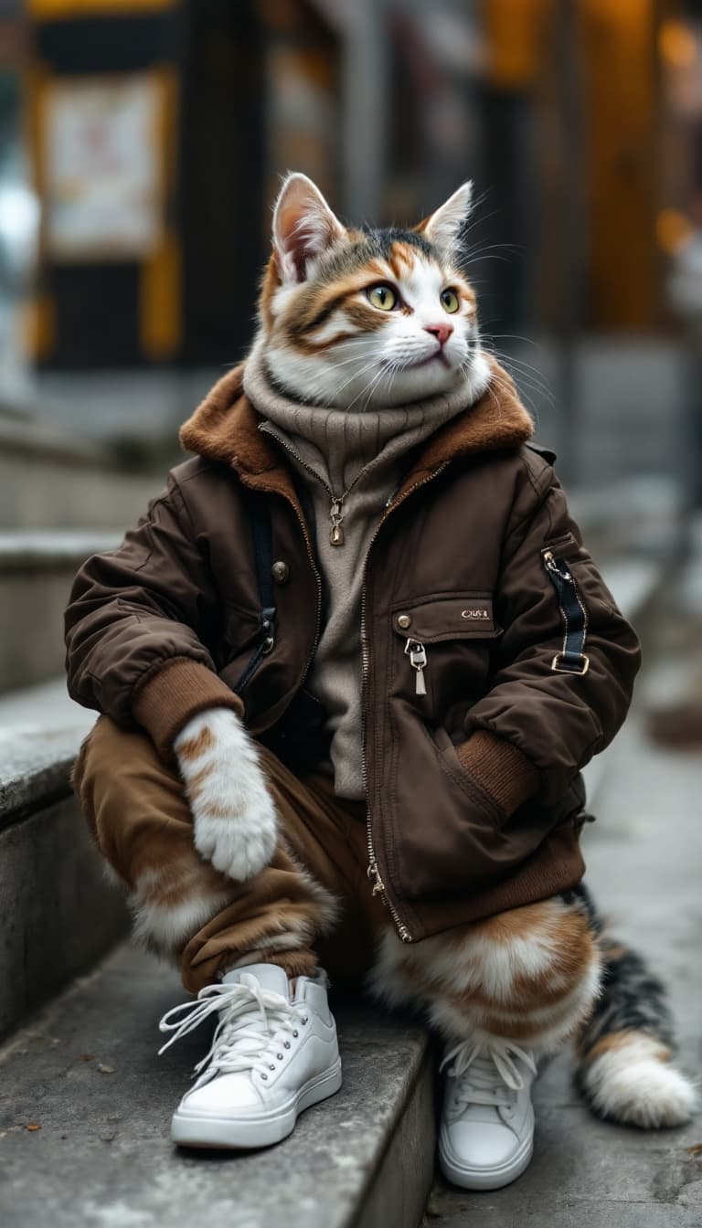 AI generated: anthropomorphic, a cat named ”street style KOL kitty” wearing dark brown flight jacket, and white sn...