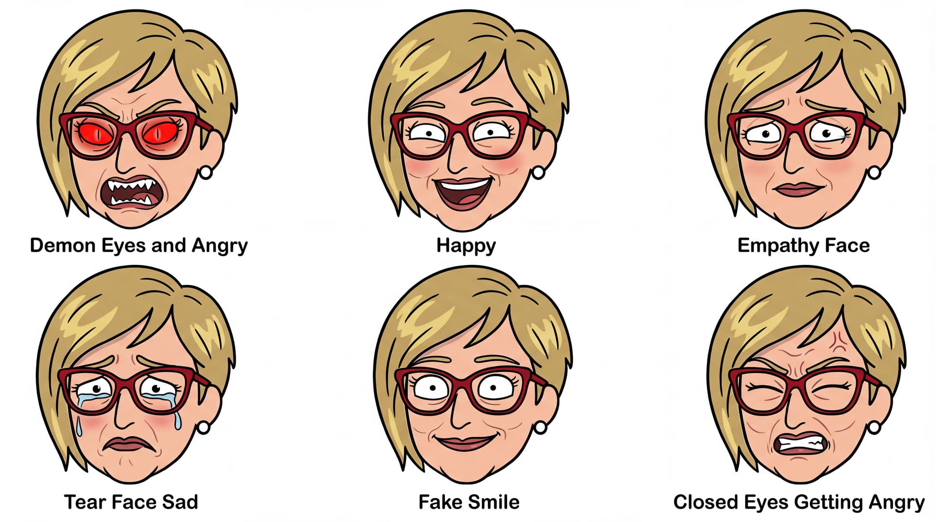 AI generated: create a different facial expressions. Character sheet. Demon eyes and angry expression with semi sh...