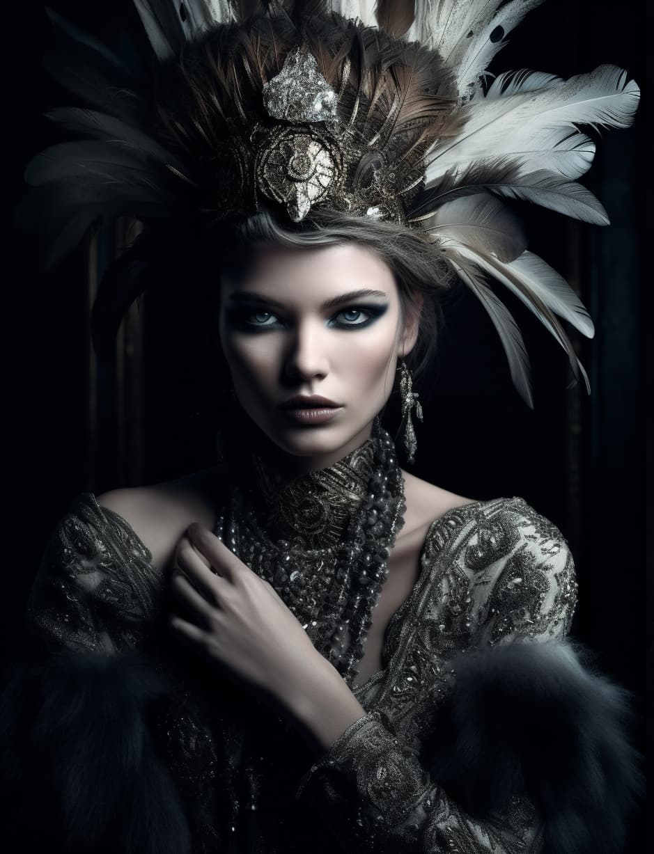 AI generated: beautiful woman mysterious oracle, incredible detailed, insanely ornamented with baroque silver deco...