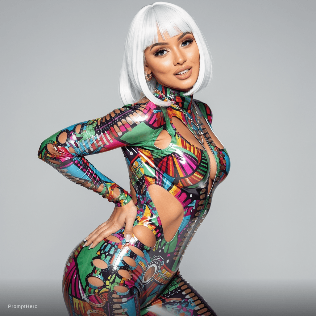 AI generated: A photorealistic image features a striking woman with a white bob haircut and an hourglass figure, h...