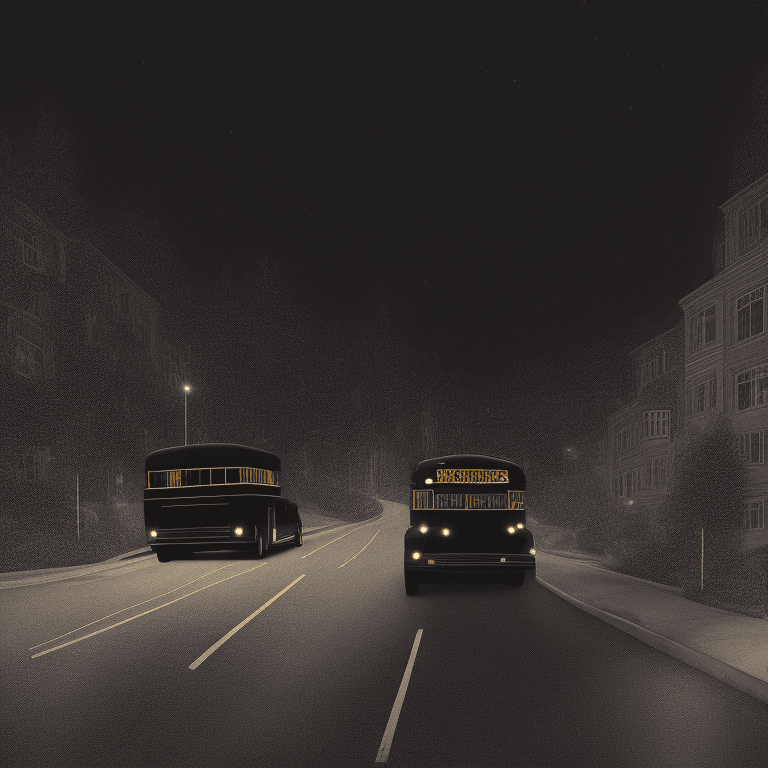 AI generated: big glossy black school bus at a distance on a hill, glowing lights, intricate details, in the middl...
