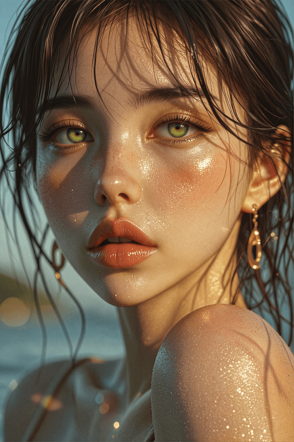 AI generated: Ultra-realistic close-up portrait of a stunning east asian woman with glowing green-yellow eyes, wet...