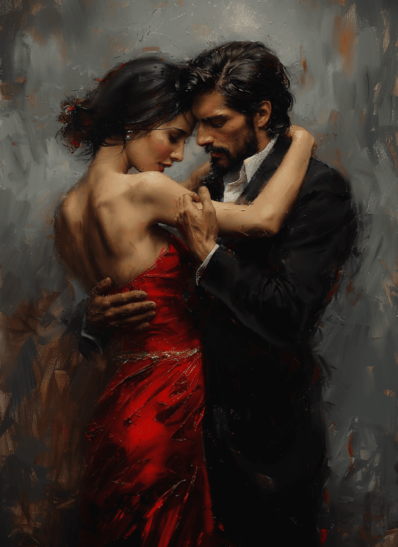 AI generated: An oil painting man and woman are dancing the tango, both dressed in formal attire with the woman we...