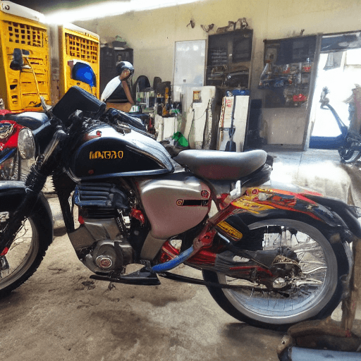 AI generated: make me a picture of a motorbike being serviced with a mechanic next to it and below there are many ...