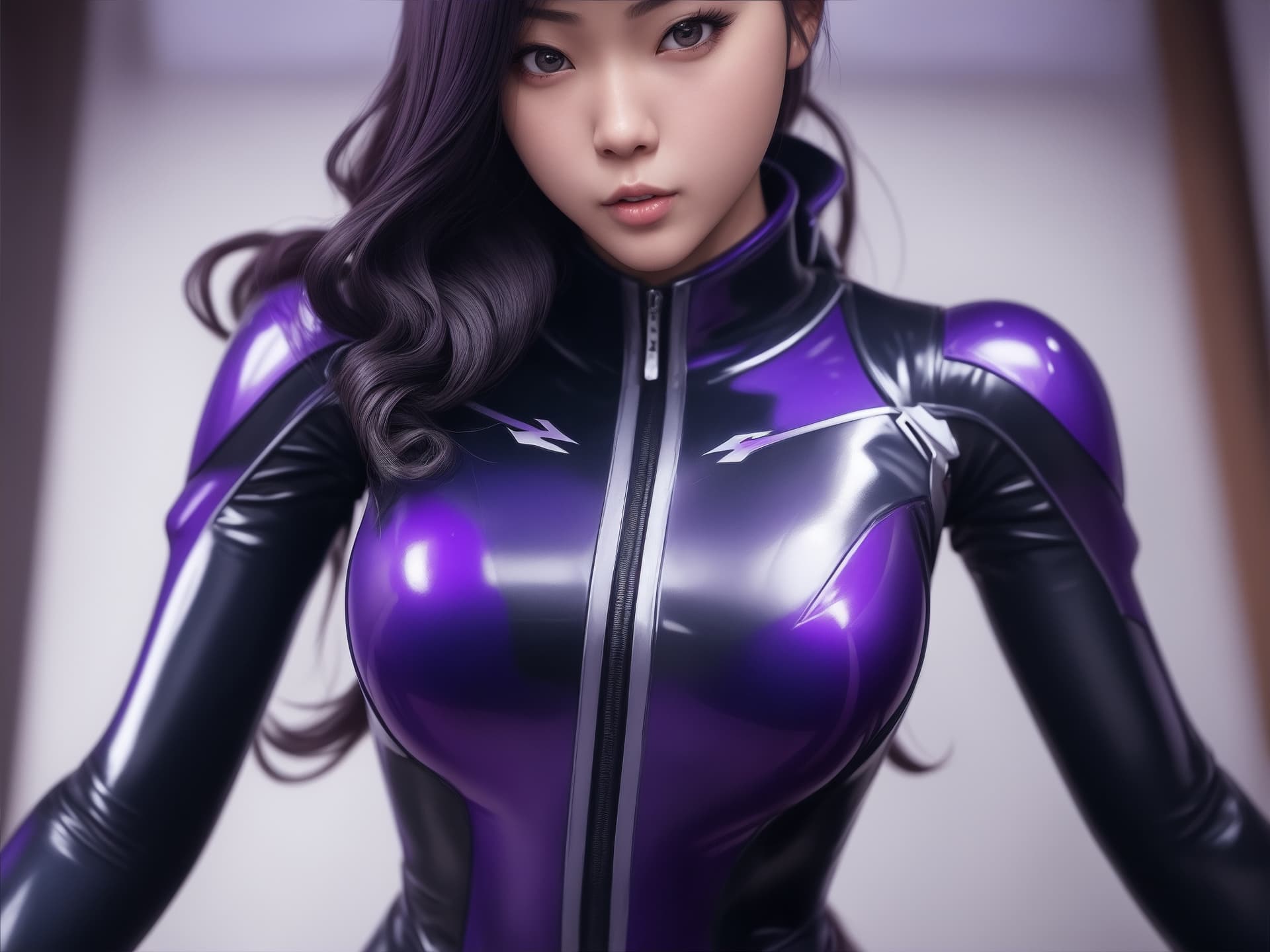 AI generated: a realistic looking cosplayer girl , forttnite skin, asian , full body portrait , wearing tight cats...