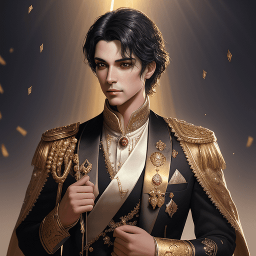 AI generated: Prince with dark hair, standing, facing the camera, black suit, decorated with silver ornaments, int...