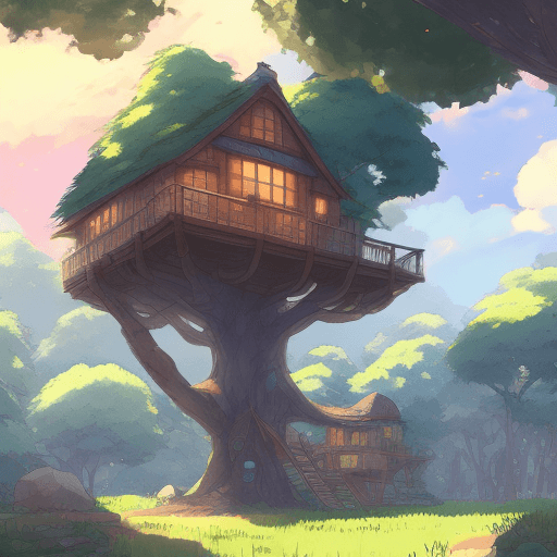AI generated: a wide shot of a house with a treehouse in a city style of Studio Ghibli,Kent·R·Wallis, concept art,...