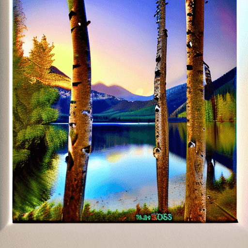 AI generated: lake mountains forest sky sunset stars tree birch