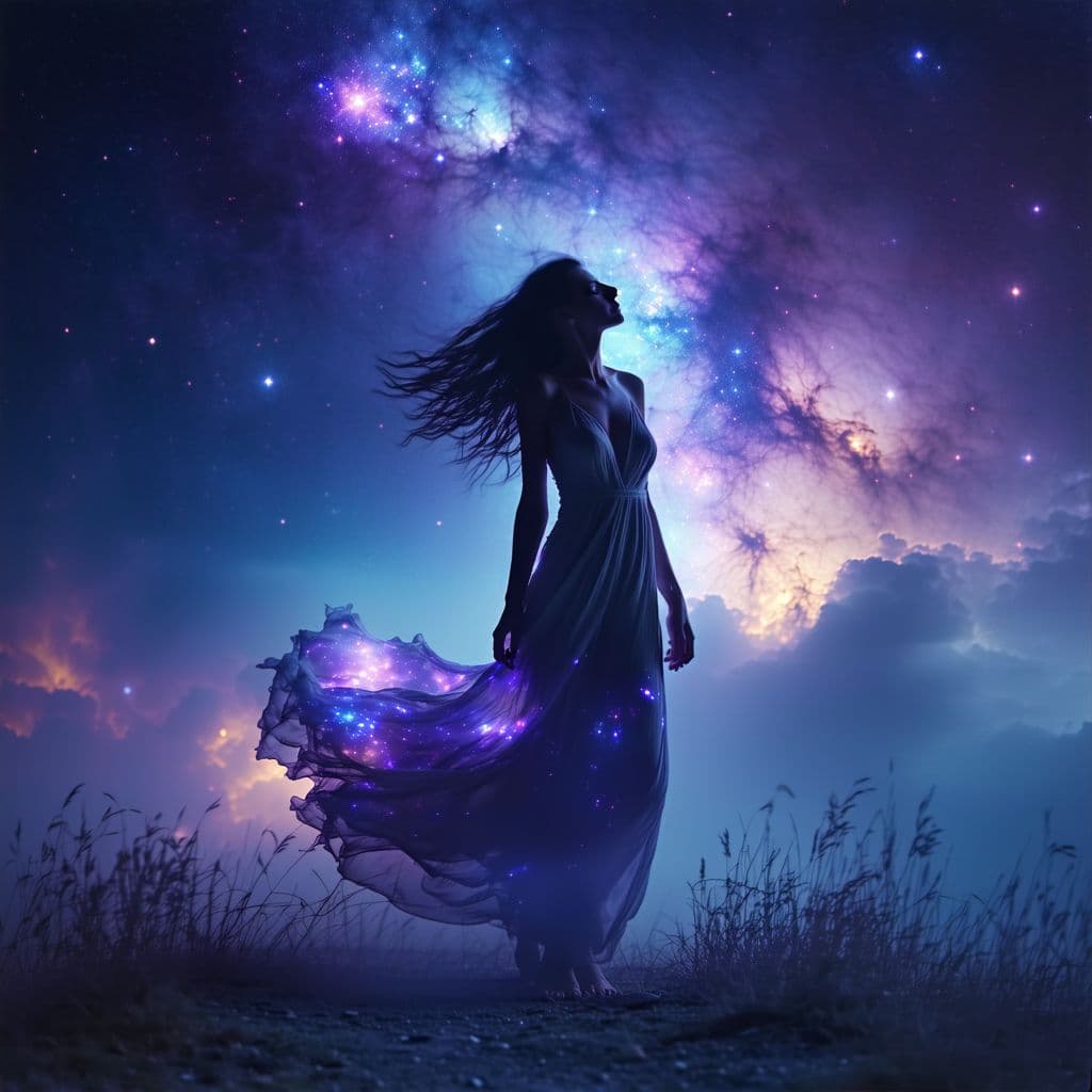 AI generated: Create a captivating image of a (nocturne nebula nymph:1.5) with (nebulous nostalgia:1.5) essence, a...
