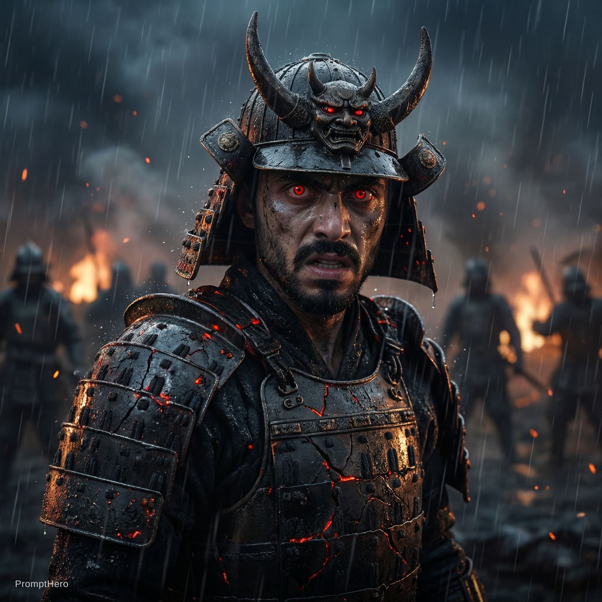 AI generated: A hyper-realistic cinematic portrait of a dark demonic Samurai warlord, standing in the rain after a...