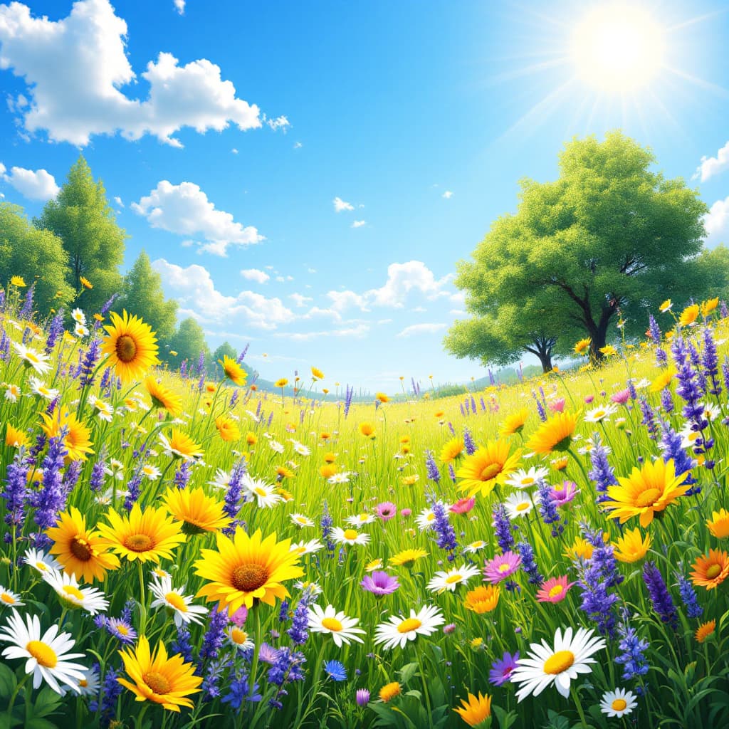 AI generated: Create a vibrant and serene image of a sunny day in a lush green meadow. The sky is a brilliant blue...