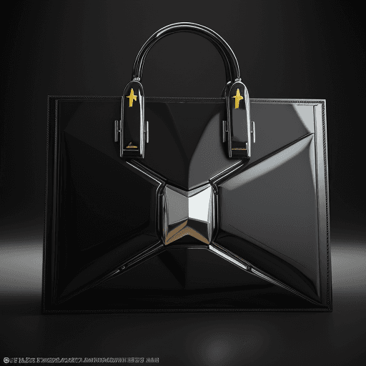 AI generated: designer handbag, futuristic, solid color black shiny leather. chrome, gold, modern art deco style, ...