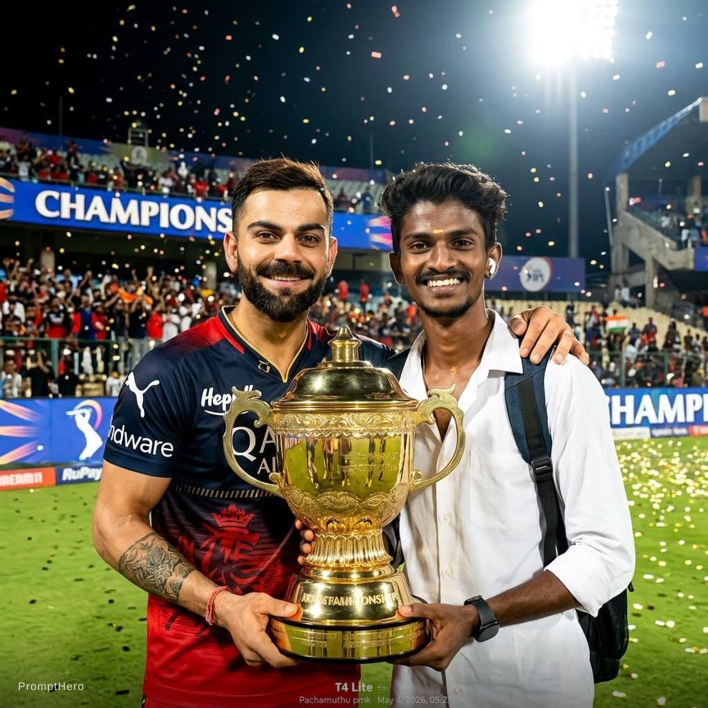 AI generated: Combine these two photos and make me to stand beside virat kohli with the ipl cup. Make virat giving...