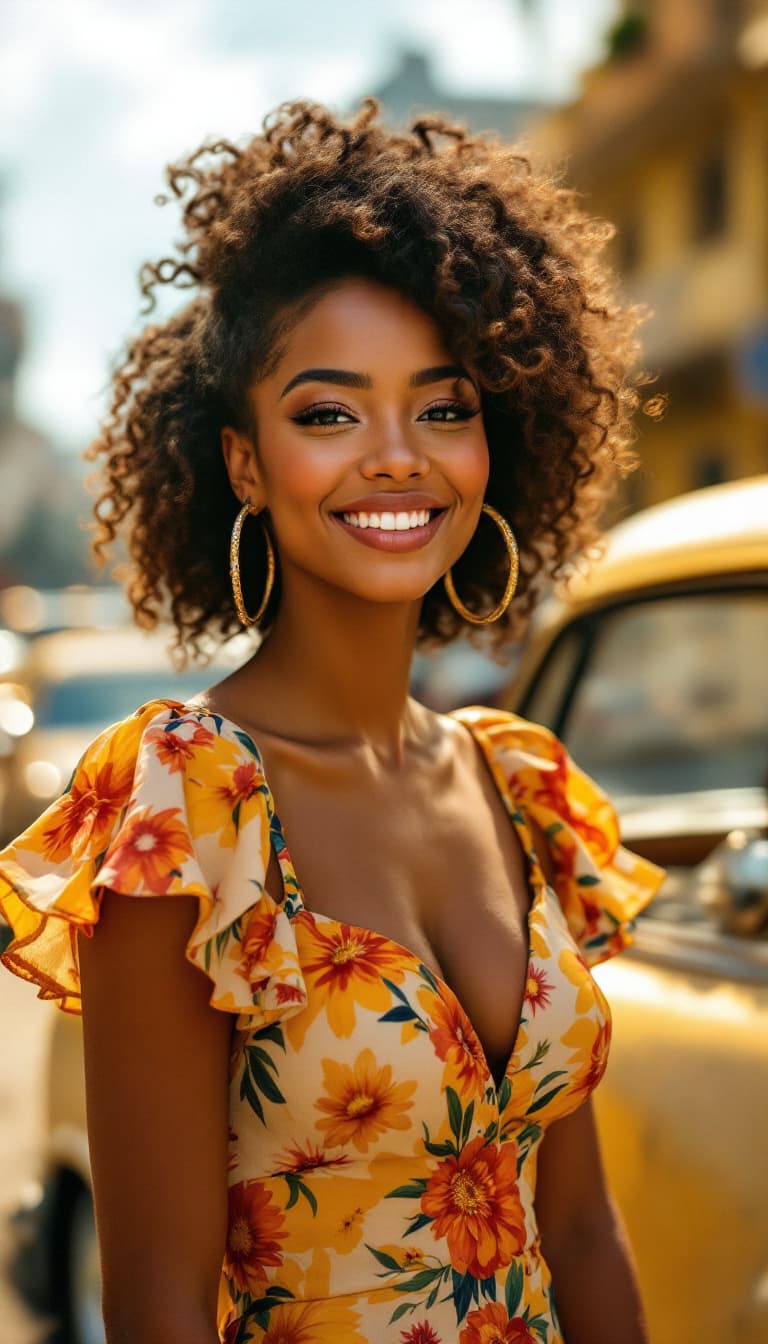 AI generated: An intensely detailed, photorealistic portrayal of a confident Afro-Latina woman. She leans against ...