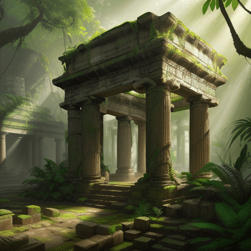 AI generated: ancient hidden temple found deep inside a lush rain forest| ancient greek ruins| rubble| gray dull b...