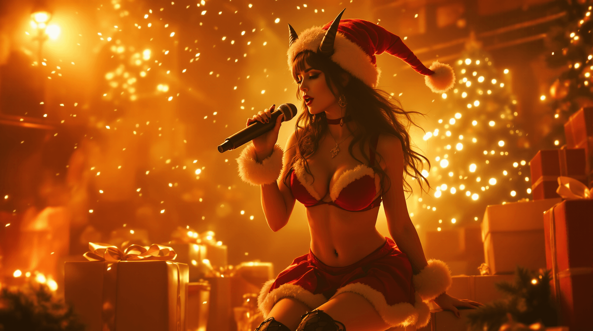 AI generated: wideangle, distant composition (knees up,). photo of a female red demon (succubus), bathed in a warm...